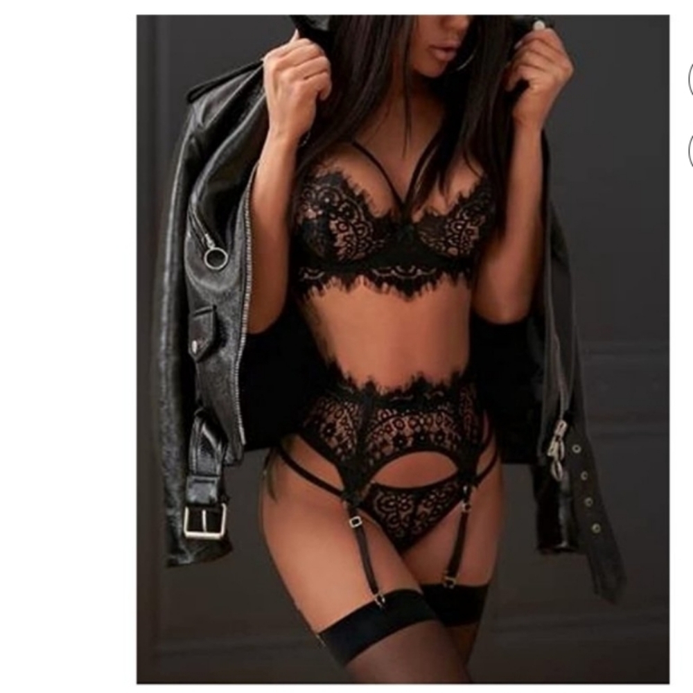 New Lilosy Sexy Floral Lace Sheer Petite Black 3 Piece Lingerie